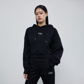 스티치 마크 다트 크롭 후드티 블랙