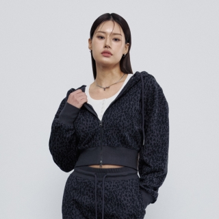 레오파드 크롭 후드 집업 차콜